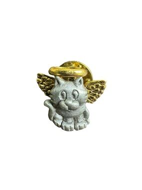 Vintage Angel Cat Pin in Gold and Silver Signed Chelsea